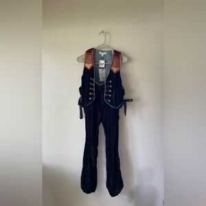 Free People Black Velvet Embellished Military-Style Jumpsuit
